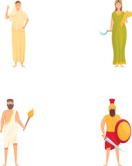 Illustrations of four characters dressed in ancient historical clothing from different cultures