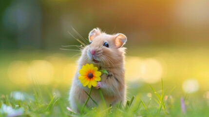 Lovely cute hamster on lawn with beautiful flowers