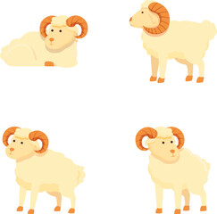 Obraz premium Adorable cartoon rams collection set with cute animal characters. Farm livestock and woolly sheep illustrations in vector clipart. Perfect for preschool education. Children's storybooks