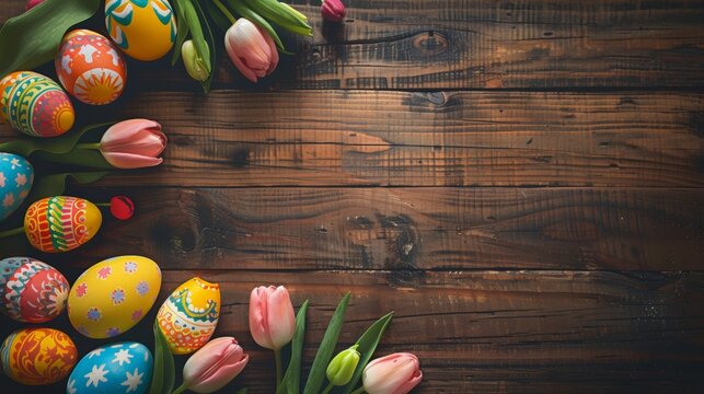 Beautiful Easter Eggs with colorful patterns decoration on wooden table
