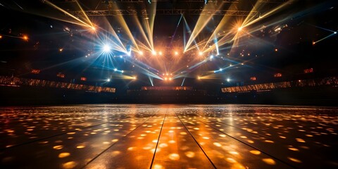 Shimmering Disco Ball Over a Concert Stage from the Disco Era. Concept Disco Ball, Concert Stage, Shimmering Lights, 70s Nostalgia, Music Scene