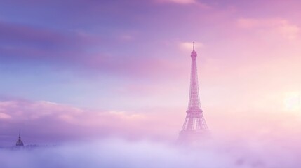 Eiffel Tower emerging through the soft, pastel-hued fog during a dreamy Parisian sunrise.