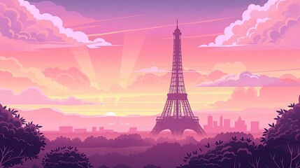 A stunning pink-hued sunset over Paris featuring the Eiffel Tower with soft clouds in the sky.