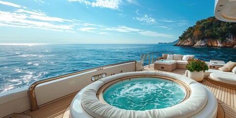 Obraz na płótnie Canvas Luxurious yacht with jacuzzi and scenic ocean view. Elegant yacht deck featuring jacuzzi with stunning sea backdrop.