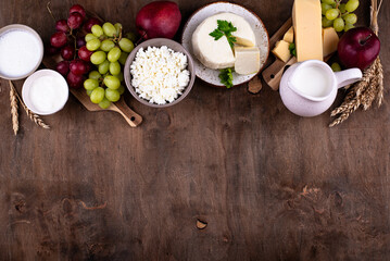 Judaic holiday Shavuot concept. Tzfat cheese and dairy products