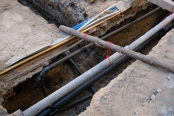 Gas tubes underground, replacement gas systems. Urban development project. City street...