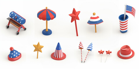 Patriotic 3D Icons Set for Independence Day - Fourth July Celebration - Festive Holiday Icons - Red White Blue - High-Resolution Graphics - American Flag Symbols 