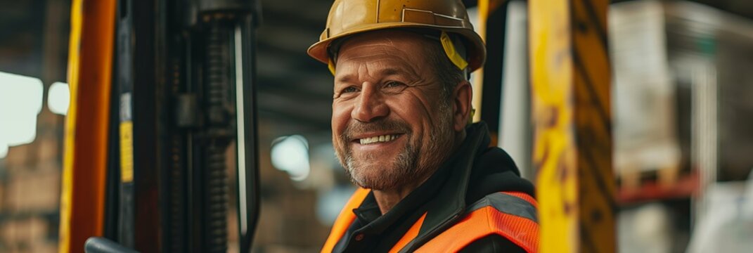 A smiling construction worker in a helmet and safety vest is operating a forklift at an industrial job site. The experienced professional is part of a team ensuring productivity and safety