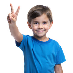 Smiling Boy Giving Peace Sign With Two Fingers