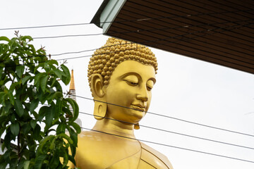 The Giant Buddah of Bangkok seen between cables, buldings and houses in the city of Bangkok