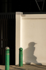 Shade of a man with a hat and green posts on the street