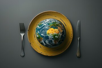 A plate with a fork and knife on it with a globe on top of it