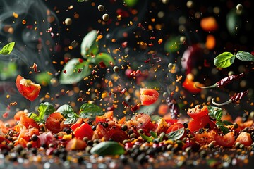 Fototapeta premium A cinematic shot of various spices and herbs floating in the air, with chili peppers scattered around them.