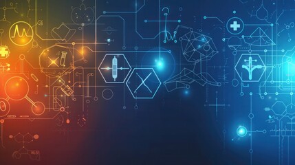 Abstract background with icons and symbols for science, health, technology, innovation, and medicine
