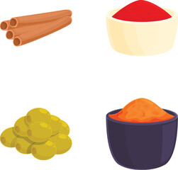 Vector graphics depicting cinnamon sticks, paprika, olives, and curry powder