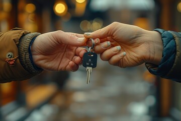 Two people holding hands and a key