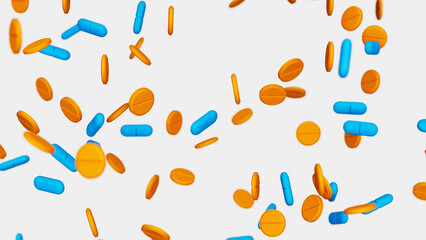 Blue orange capsules, tablets and pills against white backdrop. Drugs, pills, tablets, medicine concept. 3d render illustration