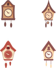 Collection of four classic wooden cuckoo clock designs isolated on a white background