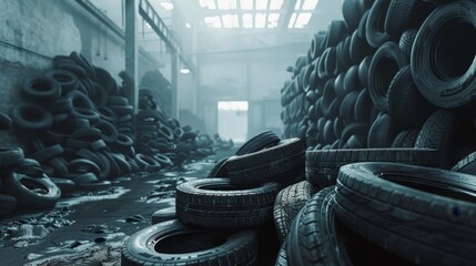 Obraz premium Car tire stockpile in factory storage for waste management and rubber production
