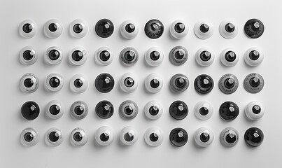 Fun toy eyes of different sizes on a white background