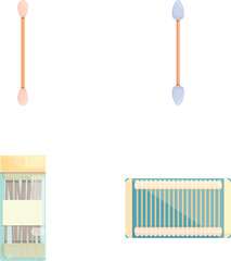 Colorful illustration of two types of cotton swabs and two matchbookstyle ear cleaning stick packs