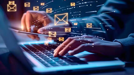 A person using a laptop with glowing digital documents and message icons floating above the keyboard 