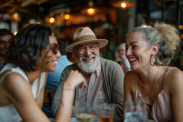 Diverse group of friends are laughing and enjoying each other's company at a bustling restaurant