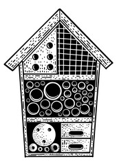 Insect hotel house sketch engraving PNG illustration. T-shirt apparel print design. Scratch board imitation. Black and white hand drawn image.