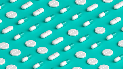 Many white turquoise capsules, tablets and pills on turquoise background, tablet grid. Drug, tablet, pills top flat view. 3d render illustration