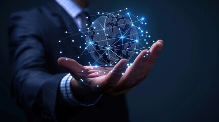 Global network connection. World map point and line composition concept of global business with businessman hand holding global customer network technology
