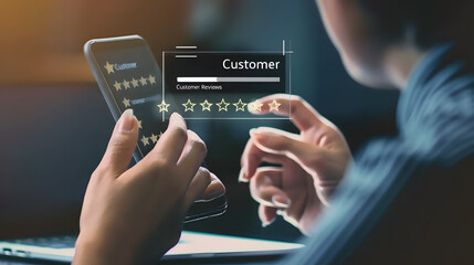 A person using their smartphone to write a customer review on an online shopping website. with icons of five stars and text Customer Reviews 