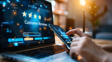 A person using their smartphone to write a customer review on an online shopping website. with icons of five stars and text Customer Reviews 