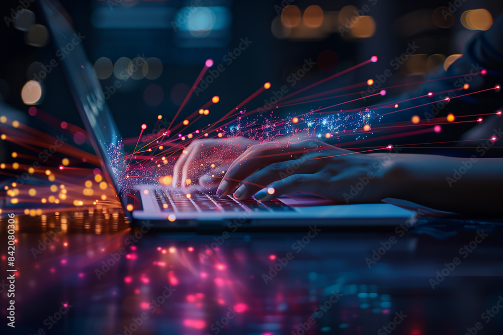 Aufkleber Programmer writing code on laptop with colorful data connection lines