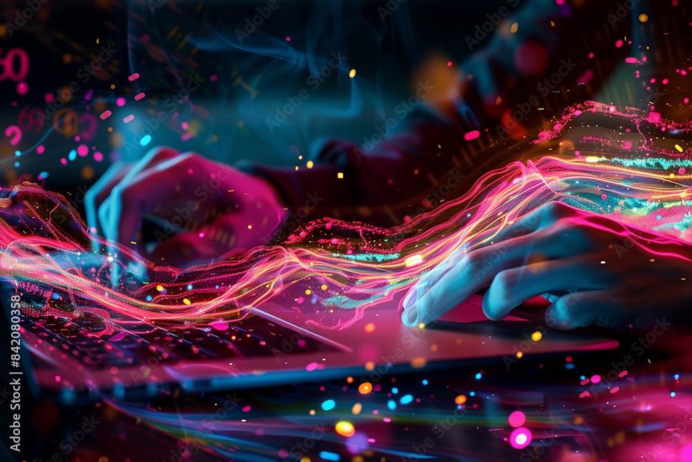 Aufkleber Hands typing on laptop keyboard with colorful data stream