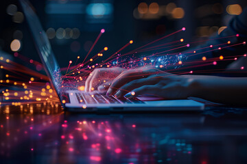 Programmer writing code on laptop with colorful data connection lines