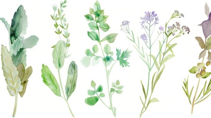 A collection of watercolor illustrations of various herbs and plants on a white background. Perfect for botanical, culinary, and natural medicine themes.