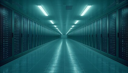 Blue-lit corridor in a data center
