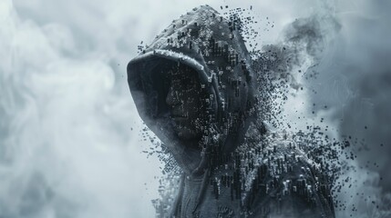 As the hooded figure dissolves into pixels, the enigma of identity in the digital age becomes clearer, blurring the lines between reality and virtual existence.