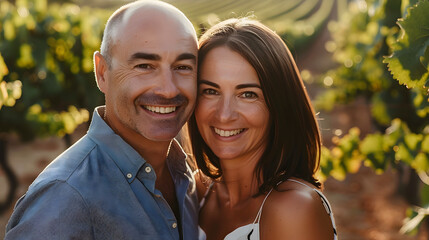Fototapeta premium A photo of an attractive couple in their late thirties smiling at the camera. with vineyards behind them 