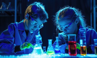 Two cute kids in lab coats and safety glasses mixing colorful liquids together with test tubes - Powered by Adobe