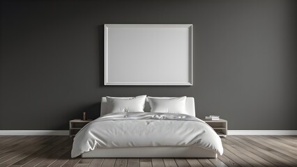 A white photo frame mockup on the wall of a small dark gray aesthetic bedroom with white bed, photo mockup, photo frame, white frame mockup