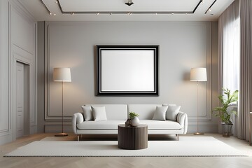 A small photo frame mockup in a living room with sofas, photo mockup, photo frame, white frame mockup