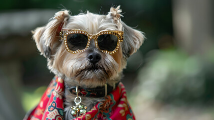 A photo of an dog wearing sunglasses and earrings. dressed in a fashionable red patterned scarf around its neck 