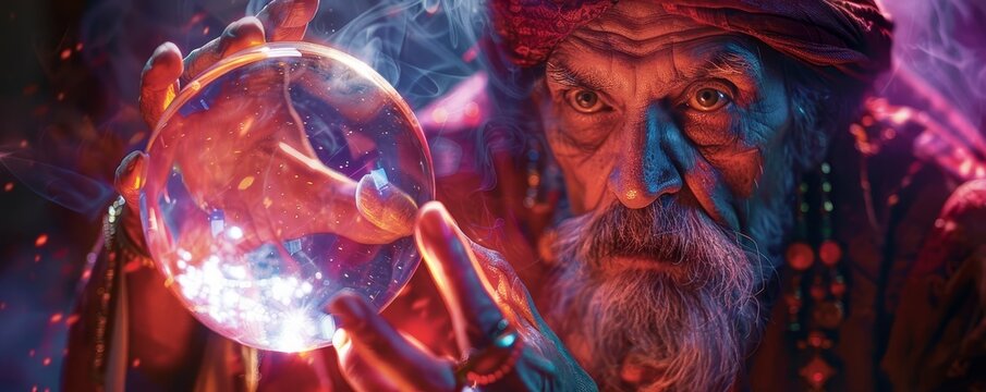 Mystic Seer A blind seer with a crystal ball, predicting the future in a darkened tent