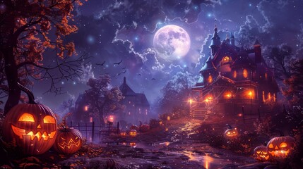 Enchanting Halloween illustration of a moonlit mansion with jack-o'-lanterns and autumn vibes