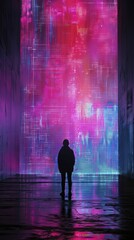 The enigmatic presence in the digital void, abstract view of a lone figure in front of a vast digital screen, dark tones with neon highlights, evoking mystery and solitude.