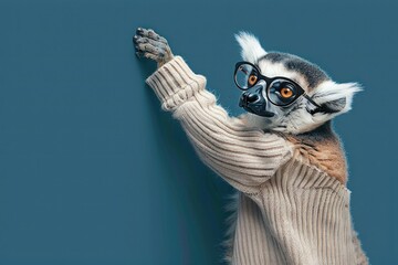 A lemur in a sandy beige v-neck hipster Winter sweater and cat-eye glasses, climbing up on a solid indigo background. .