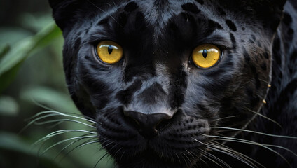 Stealthy predator, A sleek black panther with piercing yellow eyes, camouflaged against a dark backdrop.