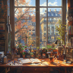 bureau devant une fenêtre avec vue sur Paris