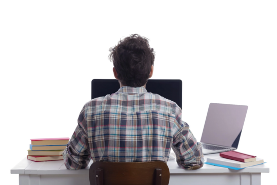 College Student Studying with Laptop and Books Isolated on Transparent Background